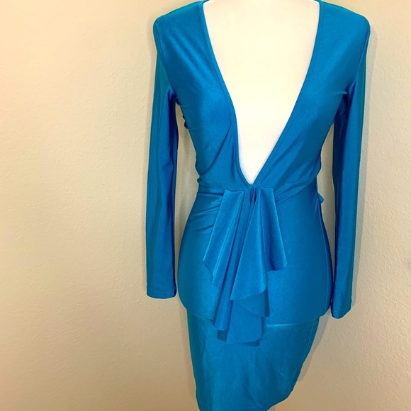 Blue deep plunge dress with open back - Picture 1 of 8